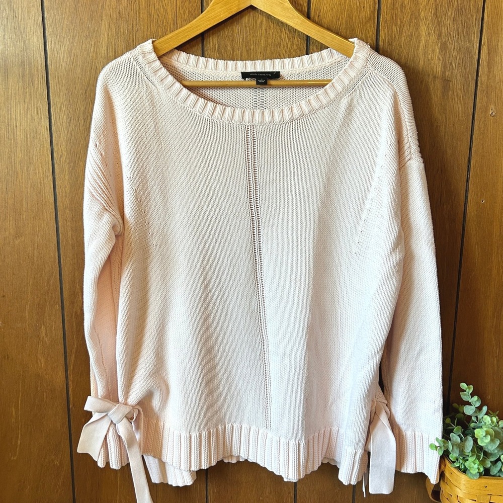 Ann Taylor Pink Tie Sleeve Sweater Medium Womens Cotton Blend Knit‎ Bow Coquette